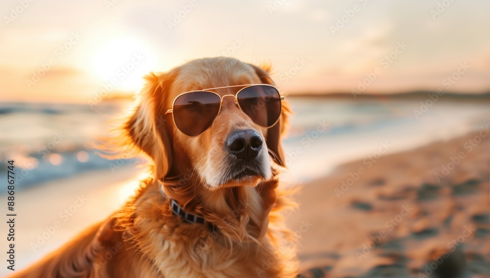 A golden retriever dog, stylishly wearing sunglasses, enjoys a serene moment on the beach during sunset, embodying relaxation, joy, and the carefree spirit. A golden retriever dog, stylishly wearing sunglasses, enjoys a serene moment on the beach during sunset, embodying relaxation, joy, and the carefree spirit.