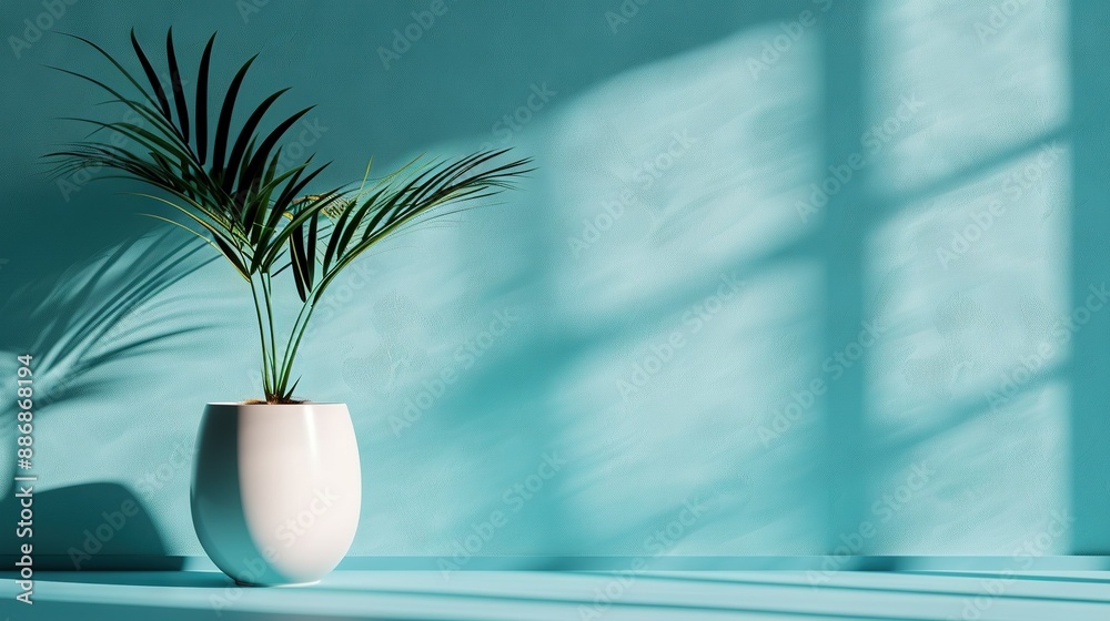 A white vase with a potted plant holds a palm tree shadow on a blue background A white vase with a potted plant holds a palm tree shadow on a blue background