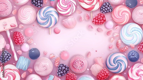  Pink background adorned with lollipops and marshmallows