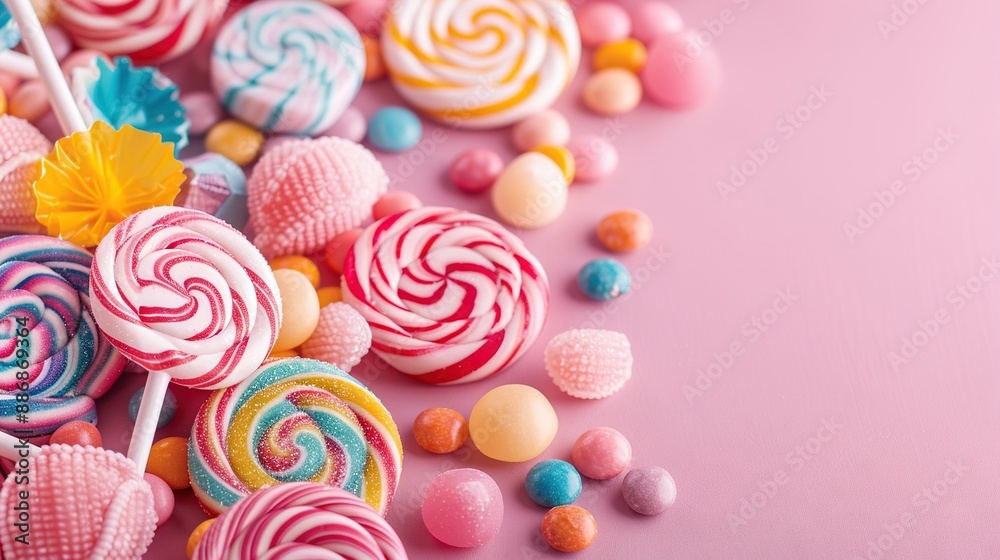 A colorful array of lollipops piled atop a pink tablecloth A colorful array of lollipops piled atop a pink tablecloth