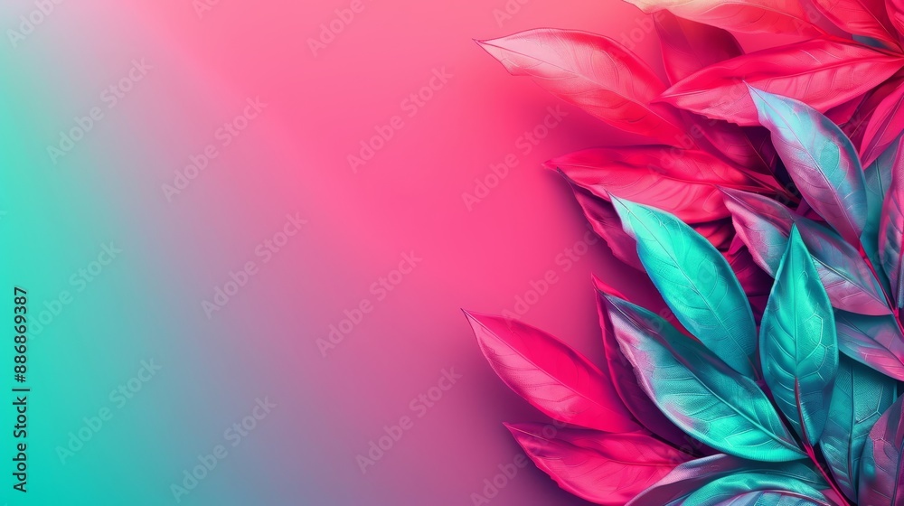  A background filled with pink and blue hues, adorned with leaves in matching shades