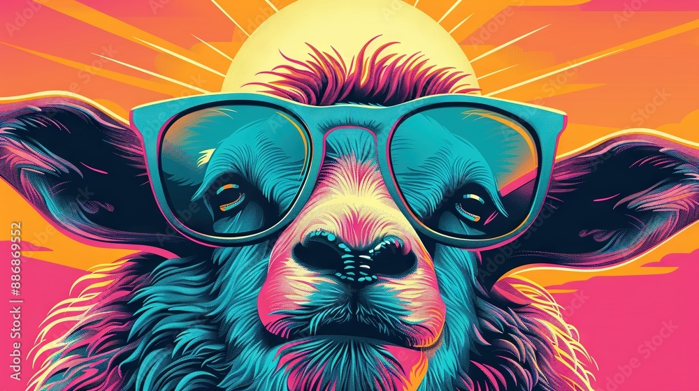 A painting of a dog wearing sunglasses, with a yellow sun in the background and a pink sky in the foreground A painting of a dog wearing sunglasses, with a yellow sun in the background and a pink sky in the foreground