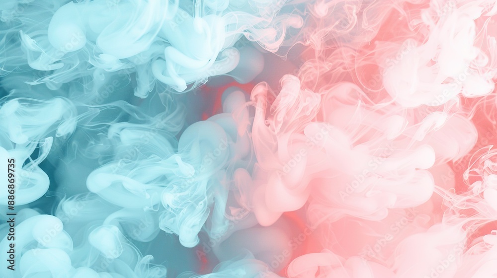 A lot of white and pink smoke on a blue and pink background with a red light at the center of the image A lot of white and pink smoke on a blue and pink background with a red light at the center of the image