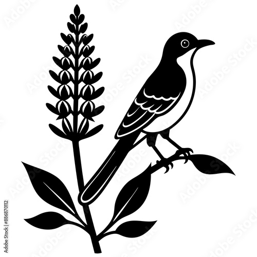 mockingbird auf blue bonnet flower vector silhouette 
