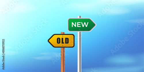 Old and New Signboard showing Direction coming back to Past or at Present. Directional sign. Decision making. Old ways, New Ways. Future. Wood and Metal signage. Vector Illustration. 