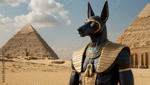 A majestic representation of Anubis in an ancient Egyptian temple. ancient egyptian god No.004 photo