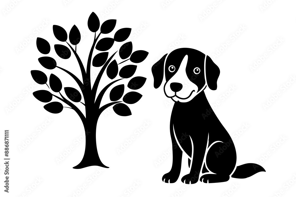 Fototapeta premium A cute Rocky dog sitting under a tree vector silhouette white background