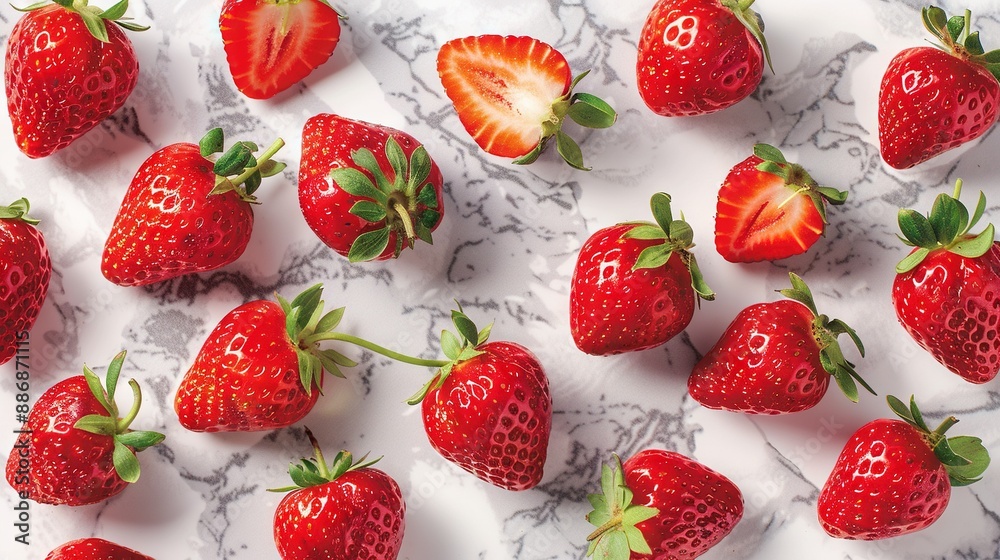 A cluster of strawberries resting atop a green leaf-covered marble countertop with strawberries stacked on top A cluster of strawberries resting atop a green leaf-covered marble countertop with strawberries stacked on top