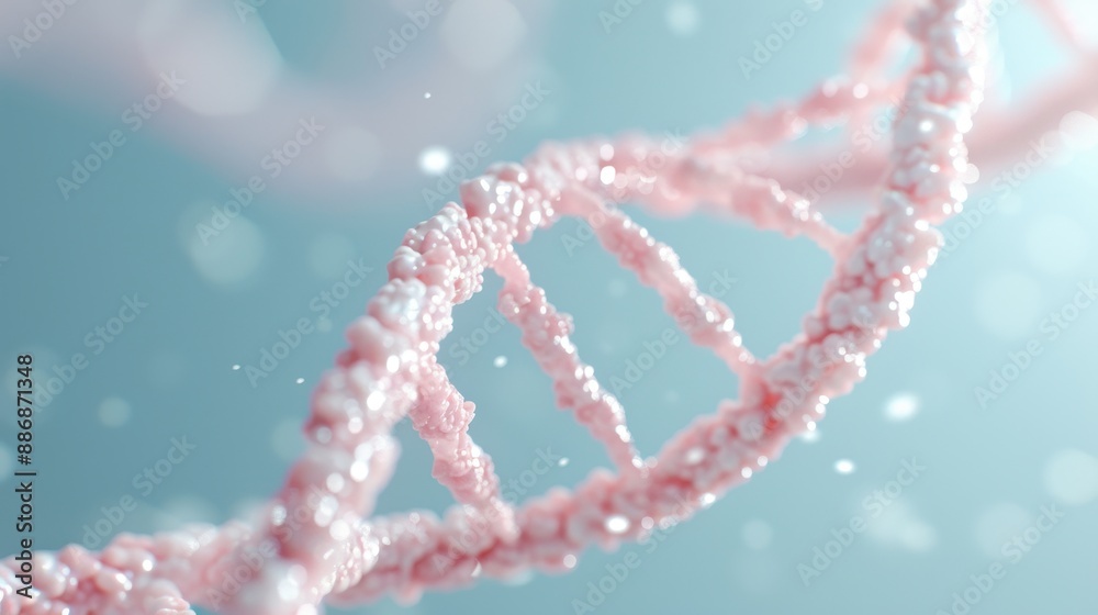 A pink DNA strand is shown in a blue background A pink DNA strand is shown in a blue background