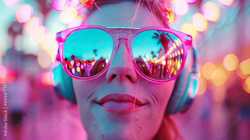 A woman wearing pink sunglasses and headphones in front of a ferris wheel at an amusement park, surrounded by bright lights A woman wearing pink sunglasses and headphones in front of a ferris wheel at an amusement park, surrounded by bright lights