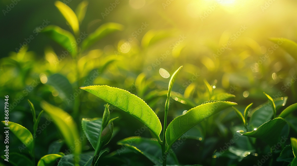 Tea plantation in early morning light, Green tea buds and leaves at morning on plantation Tea plantation in early morning light, Green tea buds and leaves at morning on plantation