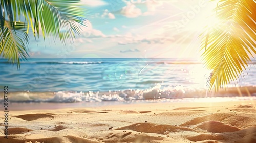 Fototapeta Naklejka Na Ścianę i Meble -  Summer background with frame nature of tropical golden beach with rays of sun light and leaf palm Golden sand beach close up sea blue sky white clouds Copy space summer vacation concept