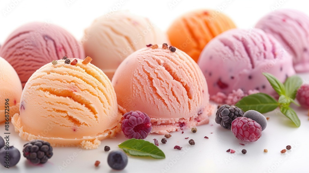 A cluster of ice creams perched atop a mound of blackberries and raspberries A cluster of ice creams perched atop a mound of blackberries and raspberries