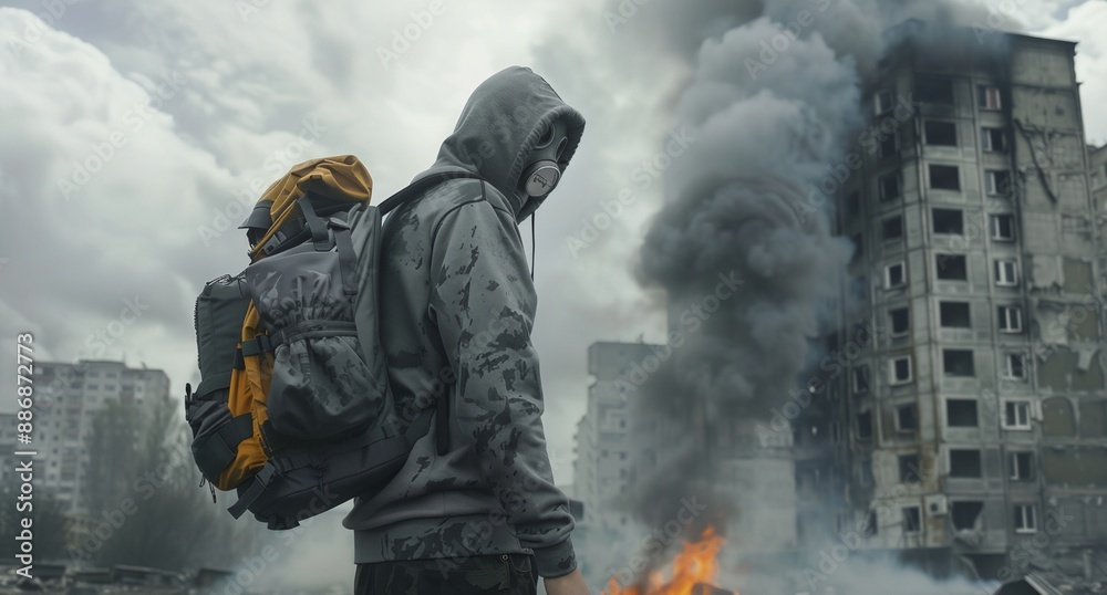 a man in a hoodie standing in front of a fire with a backpack a man in a hoodie standing in front of a fire with a backpack