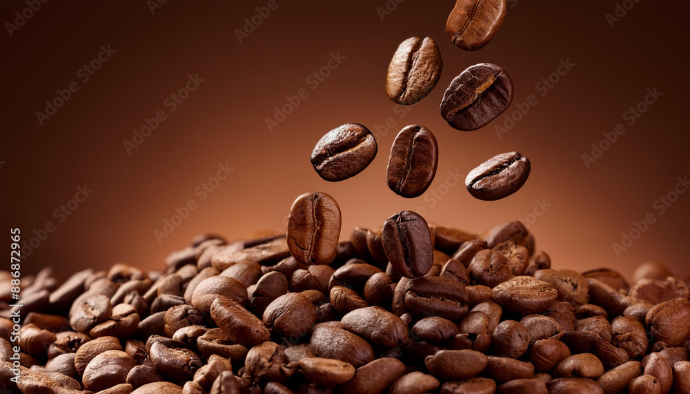 Obraz premium Photo of Roasted coffee beans falling on heap against brown background.