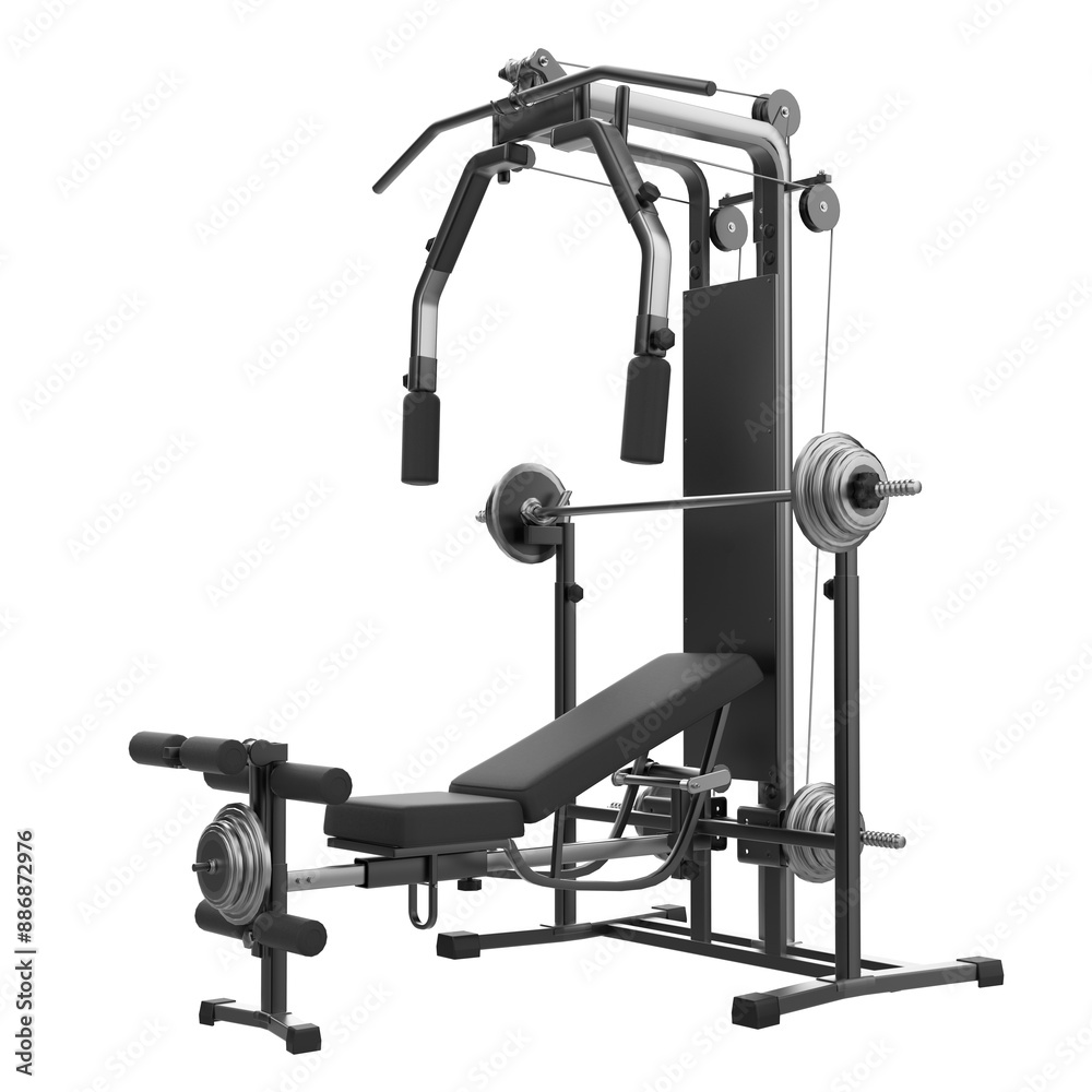 Multi Function gym machine isolated on White Background. Fitness, Cardio and Muscle Building Machines. Exercise and Gym Concept. 3d Render Illustration.