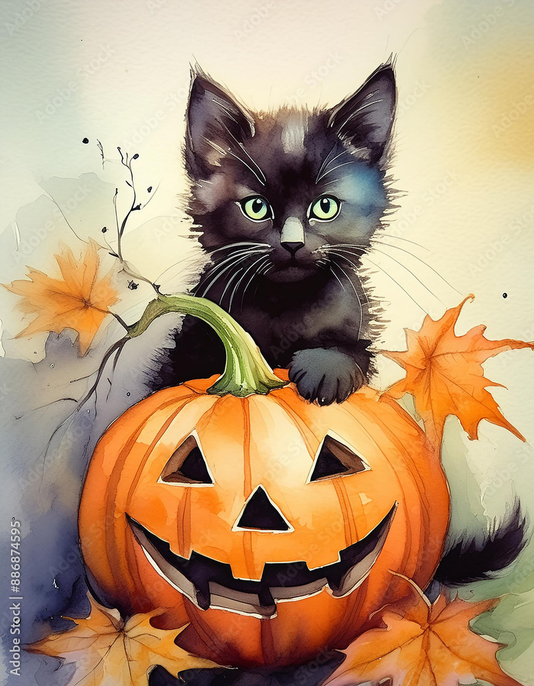 Black kitten with carved pumpkin and fallen autumn leaves. Watercolor illustration. Halloween cat