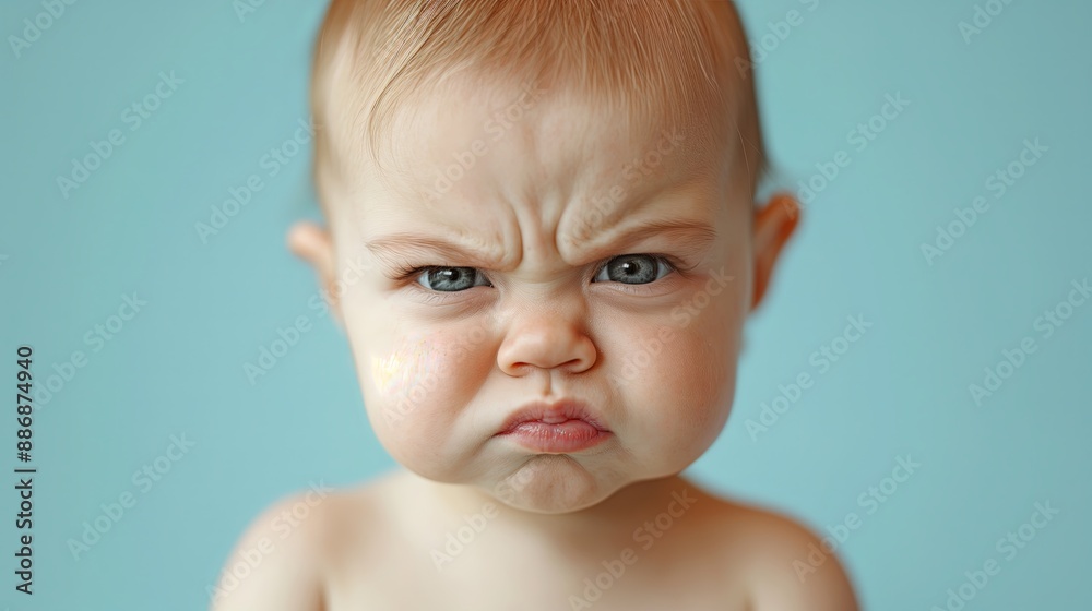 Angry baby with a furrowed brow against a blue background, perfect for emotional expressions and baby humor content Angry baby with a furrowed brow against a blue background, perfect for emotional expressions and baby humor content