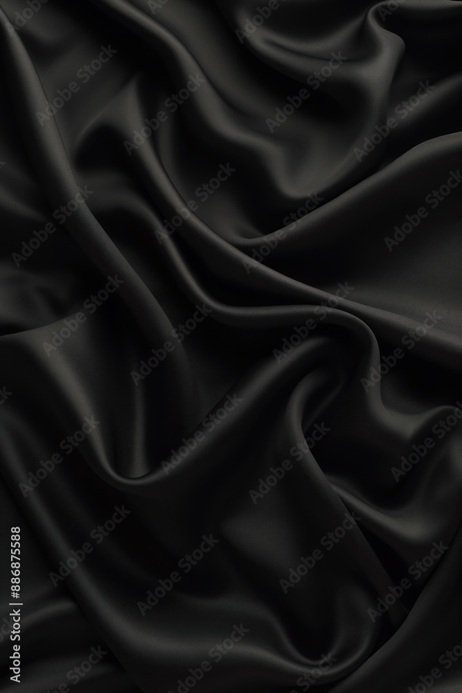 Black fabric texture close-up. Folded nylon cloth with intricate folds and smooth surface. Gray background contrasts with dark fabric. Textured material suitable for design, fashion, or interior use. Black fabric texture close-up. Folded nylon cloth with intricate folds and smooth surface. Gray background contrasts with dark fabric. Textured material suitable for design, fashion, or interior use.