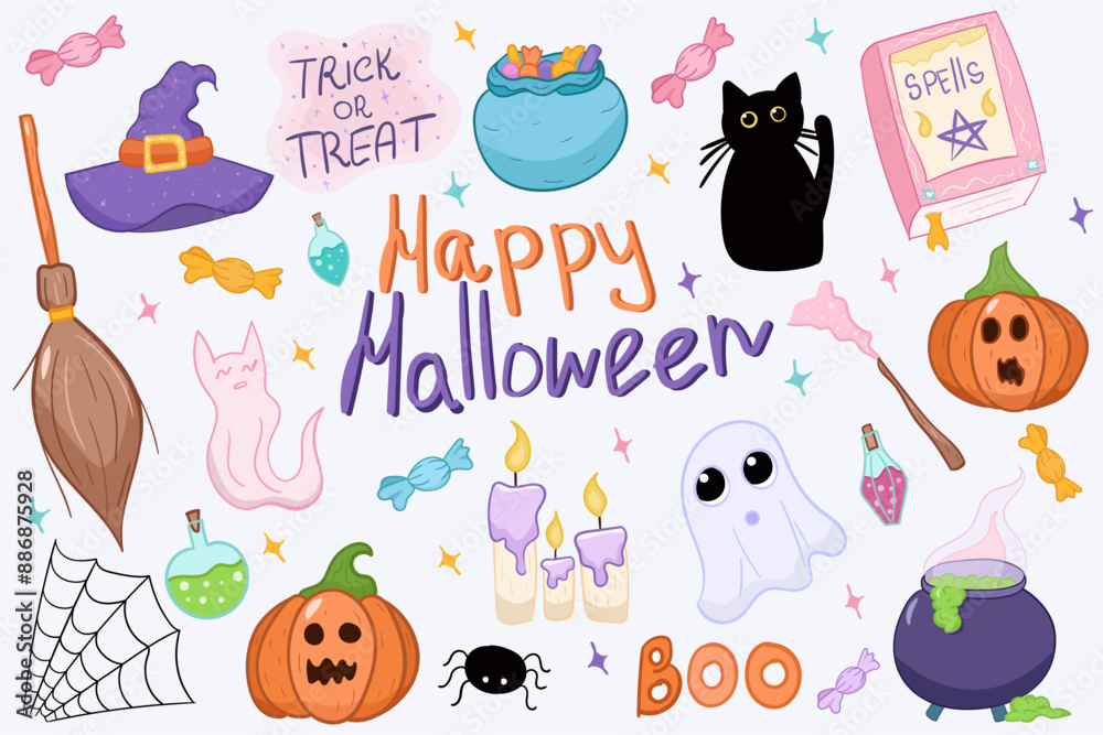 halloween item sticker set, cat, hat, book with spells, gost, candy, broom, candles, potion, spider, cobweb, pumpkin, vector illustrration, violet, orange, pink colors, for web, print, social media halloween item sticker set, cat, hat, book with spells, gost, candy, broom, candles, potion, spider, cobweb, pumpkin, vector illustrration, violet, orange, pink colors, for web, print, social media