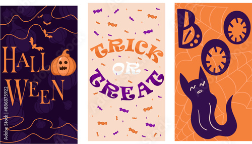 set of halloween backgrounds, for web, for stories Instagram and social media, for invitations, for print, for card, for kids, vector illustration, three backgraunds, trick or treat, orange and violet photo