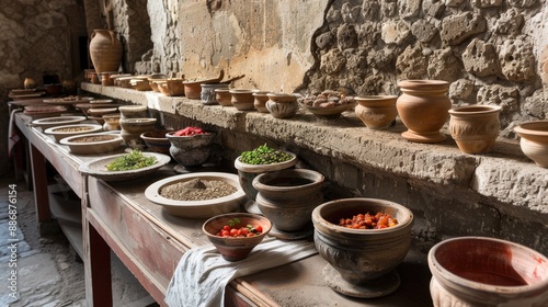 Fototapeta Naklejka Na Ścianę i Meble -  Ancient food counter Thermopolium in Herculaneum Ercolano with ceramic pots to keep food hot so customers could grab some fast food along the street