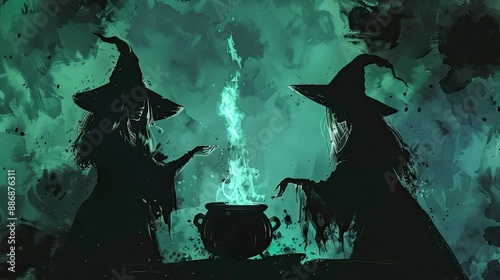 Gloomy halloween witches saying black magic spells over pot with poisonous brew photo