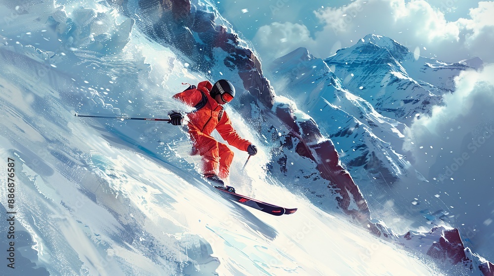 High-octane scene of a stunt performer skiing down a steep slope, with ...