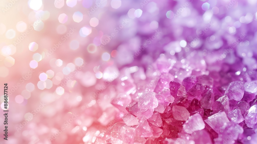 A tight shot of pink and purple crystals against a white and pink backdrop, with a softly blurred light source in the background A tight shot of pink and purple crystals against a white and pink backdrop, with a softly blurred light source in the background