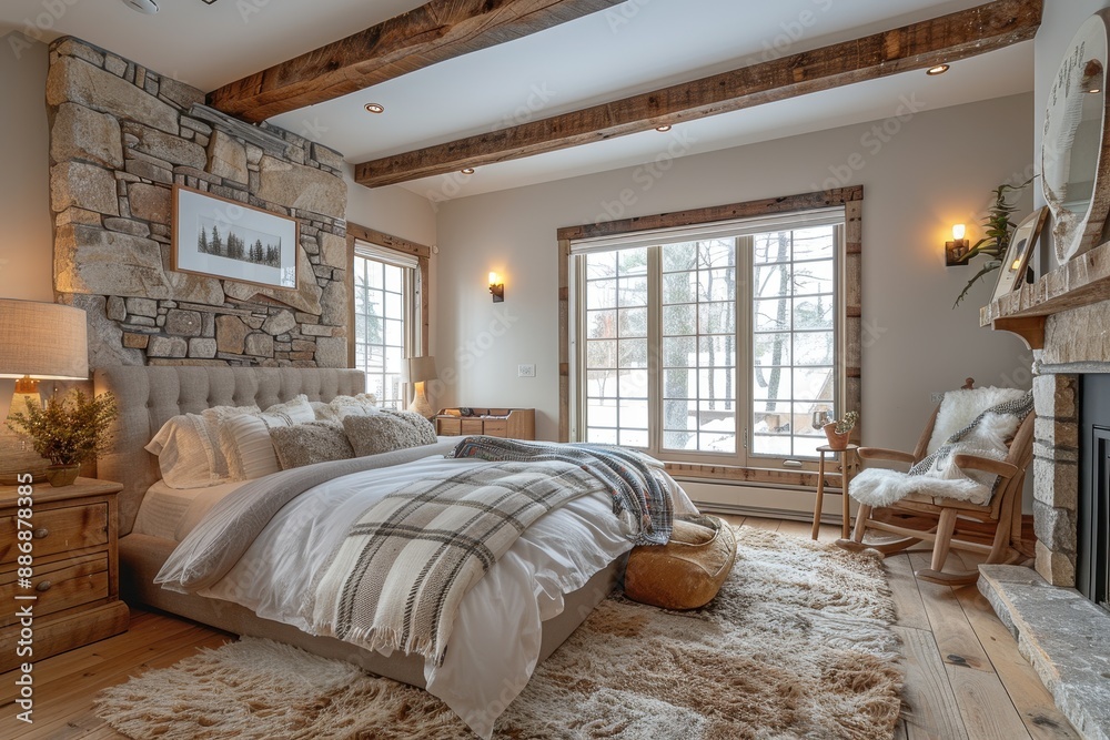 Fototapeta premium Cozy Rustic Bedroom A cozy bedroom with exposed wooden beams, a large bed with a plaid comforter, and a stone fireplace. Add a fluffy rug and a wooden rocking chair by the window. 