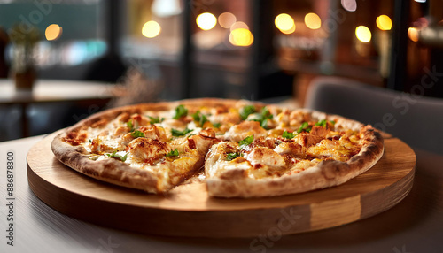 Wallpaper Mural Delicious chicken pizza on wooden tray at cozy cafe. Tasty fast food. Cooking and culinary concept. Torontodigital.ca