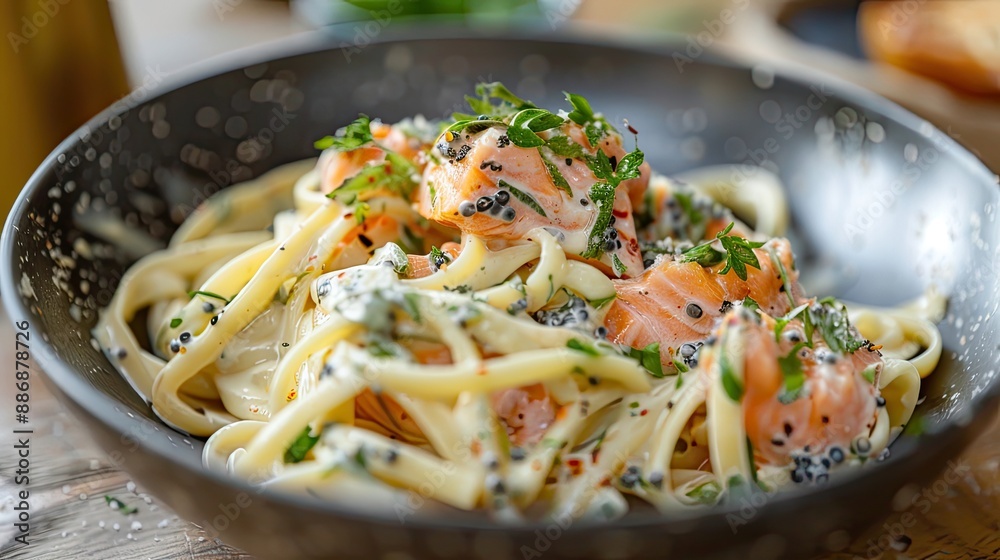 Fotografie Pasta smoked salmon. Generative AI
