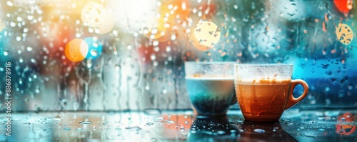 Two cups of coffee by a rainy window