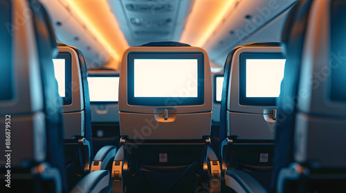 Airplane seats with blank LCD screen mockup device for entertainment to serve passenger on a plane trip