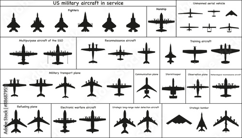 A set of American military aircraft of different types. Black silhouettes. Vector graphics.