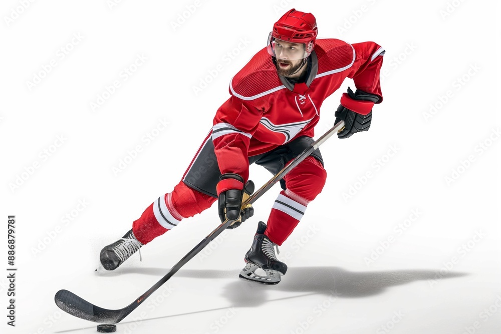 Fototapeta premium A competitive young hockey player in a professional uniform, helmet, and skates, actively playing on the ice.
