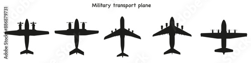 Set of American military transport aircraft. Dark silhouettes. Vector graphics.