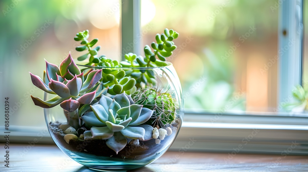 Mini succulent garden in glass terrarium on windowsill. 