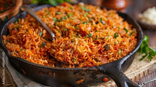 Spoon of Jollof rice in a cast iron skillet homemade party nigerian jollof rice in a skillet overhead view of authentic homemade west african jollof rice