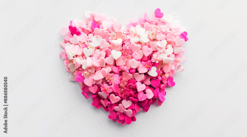 A heart-shaped bouquet made of pink and white hearts. The background is pure white, creating an atmosphere full of love for Valentine's Day. A heart-shaped bouquet made of pink and white hearts. The background is pure white, creating an atmosphere full of love for Valentine's Day.
