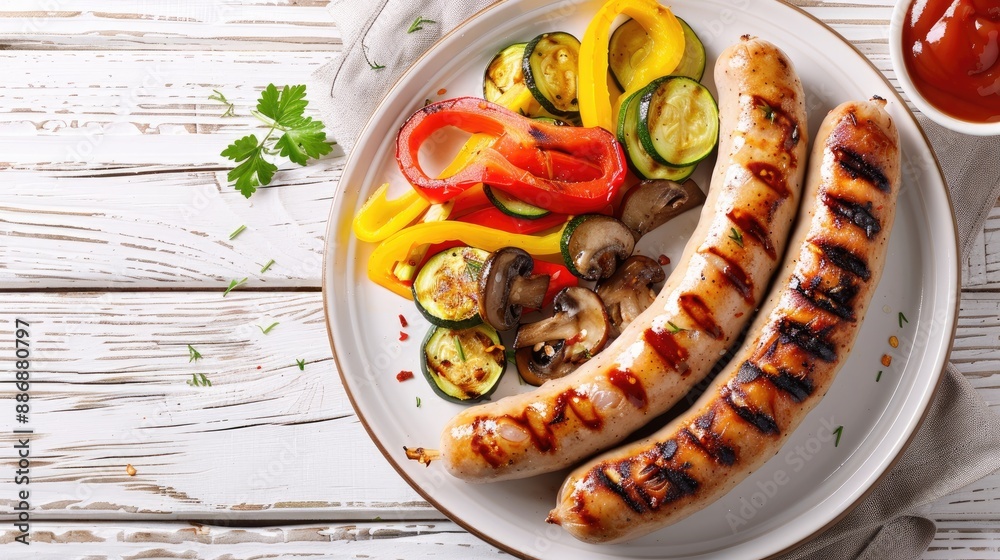 grilled white sausages Weisswurst grilled yellow and red peppers zucchini and mushrooms with ketchup on white plate on white wooden table vertical view
