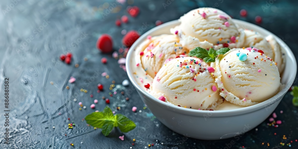 Delicious vanilla ice cream with toppings on a dark background, featuring copy space. Concept Ice Cream, Vanilla Flavor, Toppings, Dark Background, Copy Space Delicious vanilla ice cream with toppings on a dark background, featuring copy space. Concept Ice Cream, Vanilla Flavor, Toppings, Dark Background, Copy Space