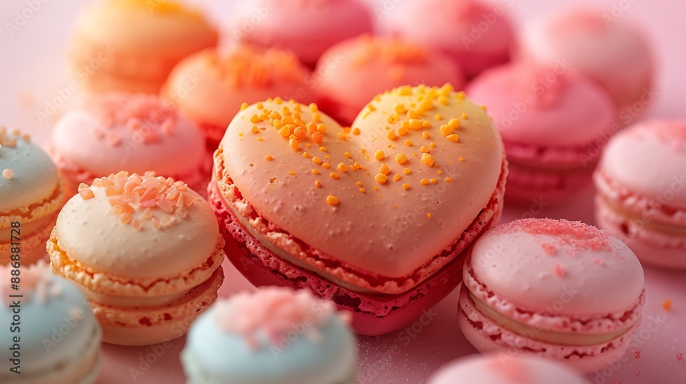 A close-up of tropical sunset macarons, with gradients of coral, pink, and orange, arranged in a heart shape. The background is a soft-focus, pastel-colored gradient, A close-up of tropical sunset macarons, with gradients of coral, pink, and orange, arranged in a heart shape. The background is a soft-focus, pastel-colored gradient,