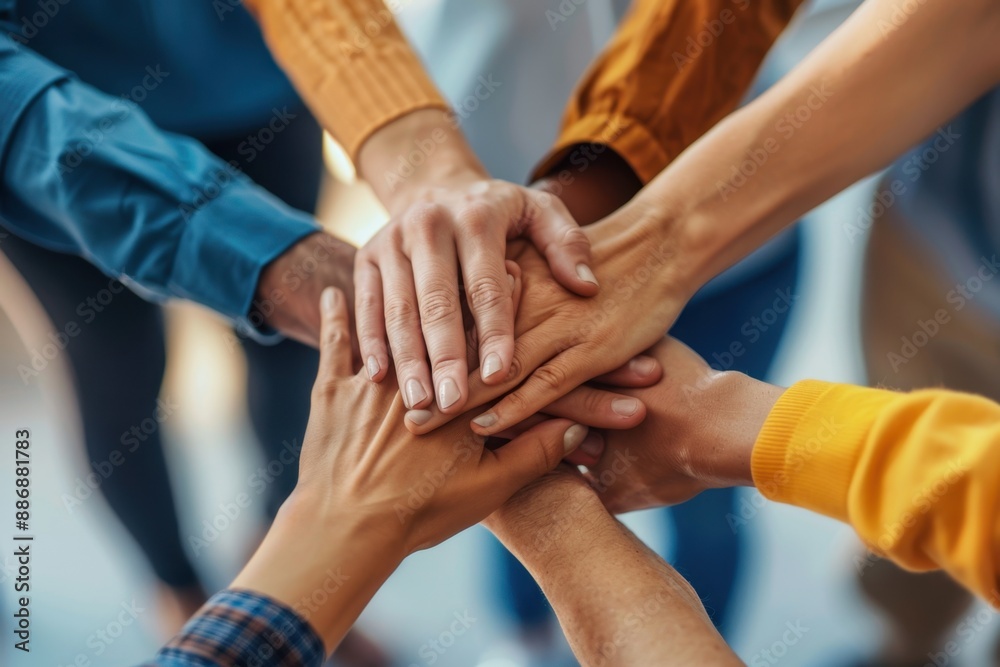 Close up of hands stacked together in the office, a diverse business team putting their arms on top for unity and support Generative AI Close up of hands stacked together in the office, a diverse business team putting their arms on top for unity and support Generative AI