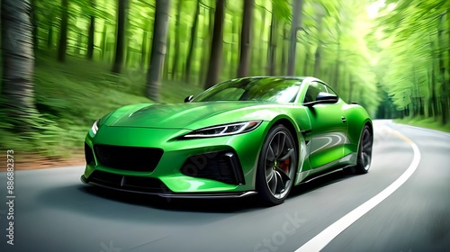 A green sports car speeds through a lush green forest along a curved asphalt road. Dynamic motion blur adds spectacle to the scene. Automotive design and automobile production concept