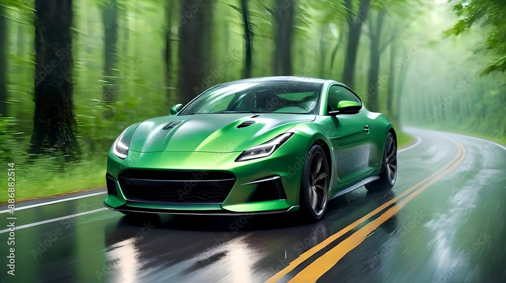 A green sports car speeds through a lush green forest along a curved asphalt road. Dynamic motion blur adds spectacle to the scene. Automotive design and automobile production concept A green sports car speeds through a lush green forest along a curved asphalt road. Dynamic motion blur adds spectacle to the scene. Automotive design and automobile production concept