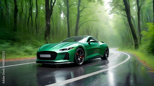 A green sports car speeds through a lush green forest along a curved asphalt road. Dynamic motion blur adds spectacle to the scene. Automotive design and automobile production concept