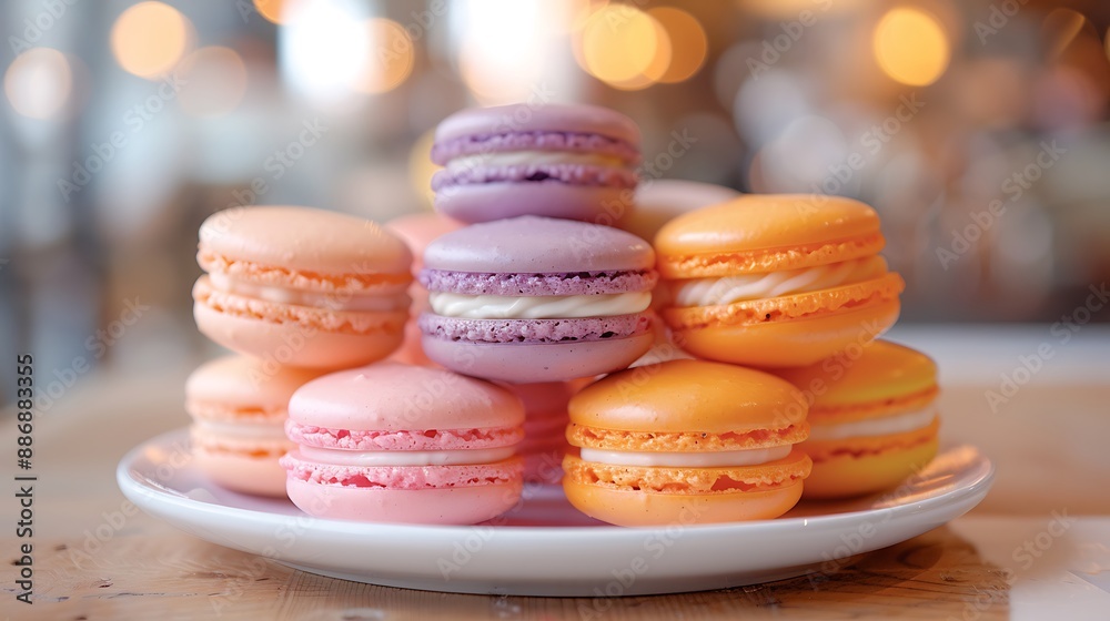 A colorful display of sunset glow macarons on a white ceramic plate, with warm hues of orange, pink, and purple. The background features a blurred cafe setting, with soft, A colorful display of sunset glow macarons on a white ceramic plate, with warm hues of orange, pink, and purple. The background features a blurred cafe setting, with soft,