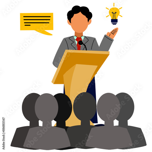 vector illustration of a business man public speech on a podium who is enlightening the crowd in front of him