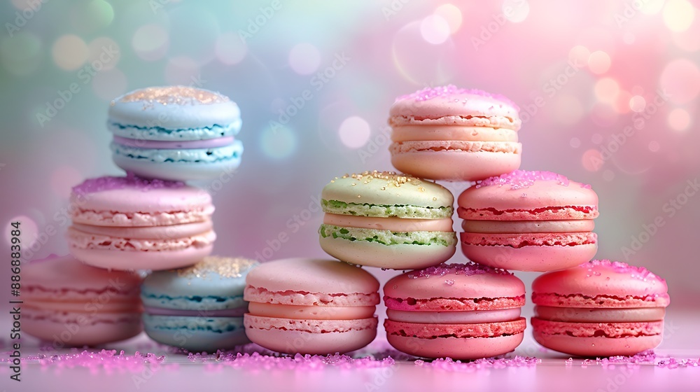 A garden bloom macaron pyramid, with each macaron layer representing a different natural green, pink, and lavender hue. The background is a soft pastel gradient, A garden bloom macaron pyramid, with each macaron layer representing a different natural green, pink, and lavender hue. The background is a soft pastel gradient,